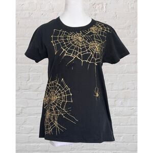 Black & Gold Women’s Halloween Spooky Spider Web T Shirt Sz M Witch Goth Fall